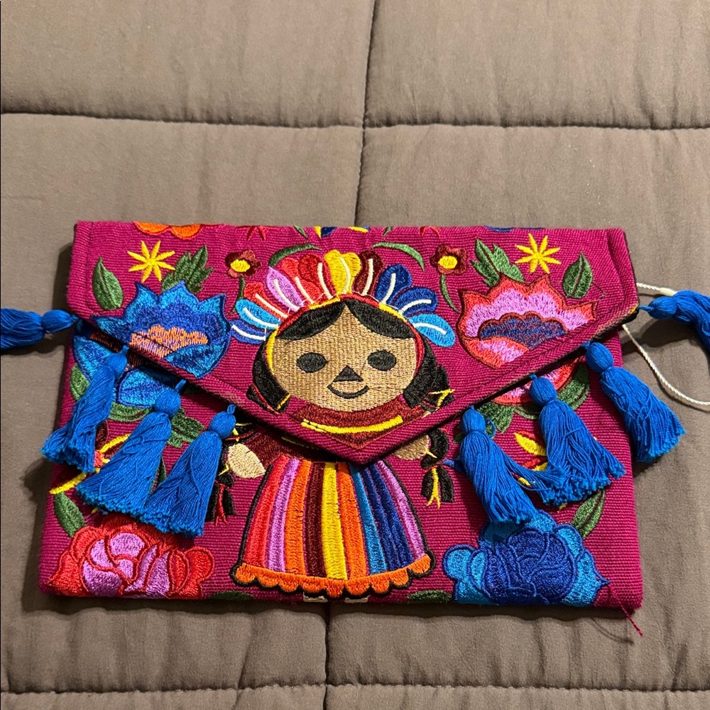 Embroidered Clutch with Tassels